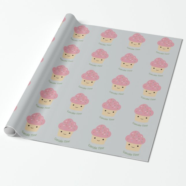 Cupcake Time! Cute Pink Cupcake Wrapping Paper (Unrolled)