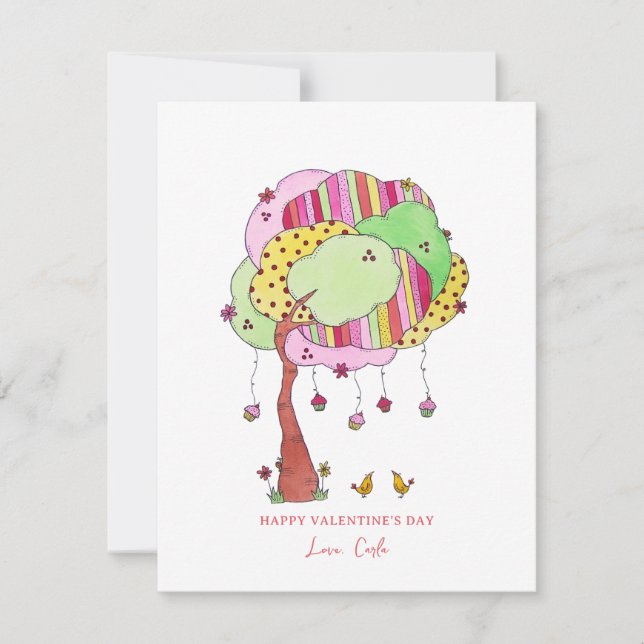 Cupcake Tree with Birds Valentine Holiday Card (Front)