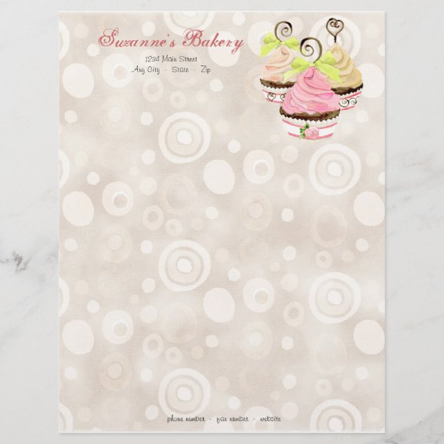 Cupcake Trio w/ Heart Business Cream Stationery Letterhead (Front)