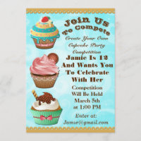 Cupcake Wars Bake Off Birthday Blue Swirls Invite