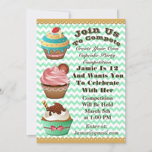 Cupcake Wars Bake Off Birthday Green Invite (Front)