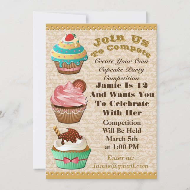 Cupcake Wars Bake Off Birthday Leave Swirl Invite (Front)