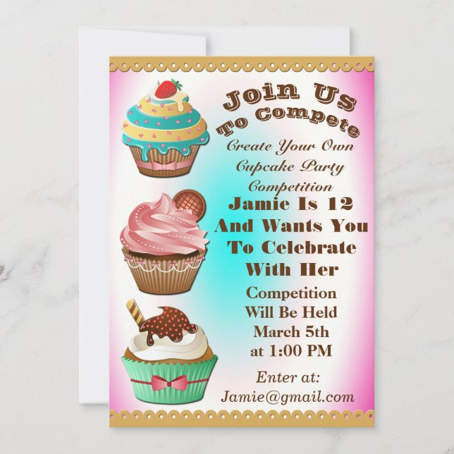 Cupcake Wars Bake Off Birthday Pink Blue Invite (Front)