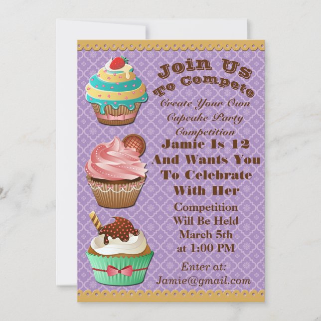 Cupcake Wars Bake Off Birthday Purple Invite (Front)