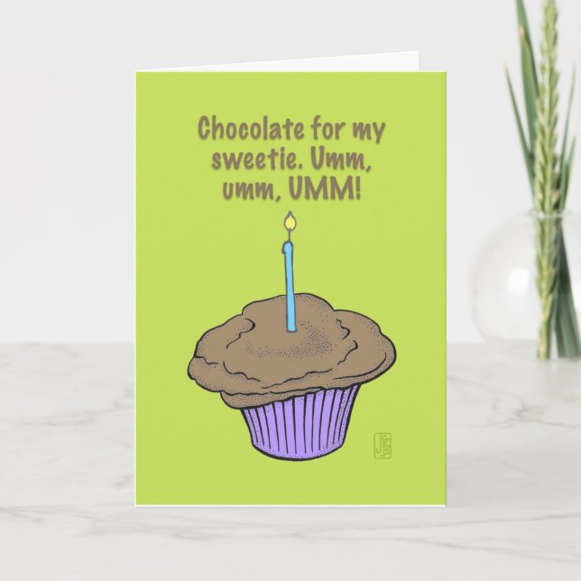 Cupcake with Candle “Umm, umm, UMM!” Birthday Card (Front)