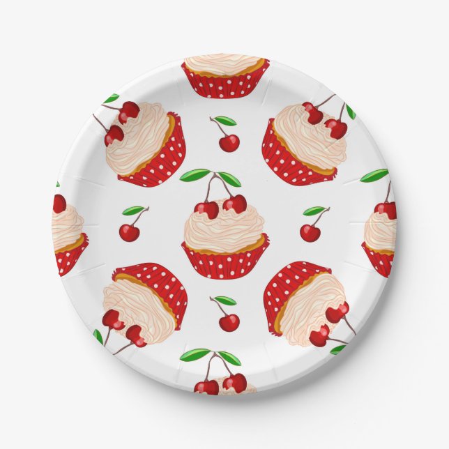 Cupcake With Cherries Pattern Paper Plate (Front)