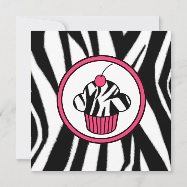 Cupcake with Cherry Invitation - Zebra Print /Pink (Front)