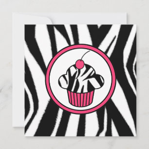 Cupcake with Cherry Invitation - Zebra Print /Pink