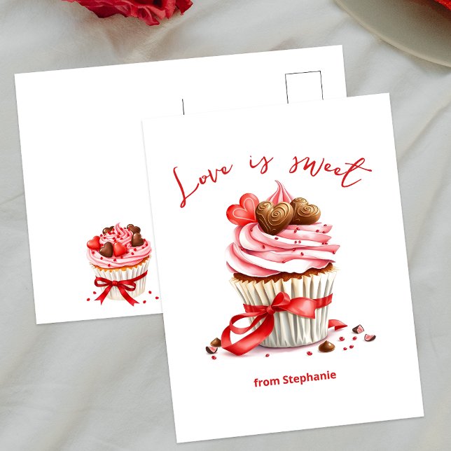 Cupcake with Heart Chocolates Love is Sweet Postcard (Creator Uploaded)