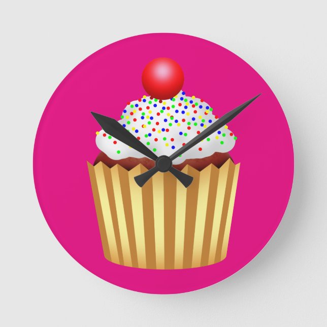 Cupcake with Sprinkles and Cherry on Top Round Clock (Front)