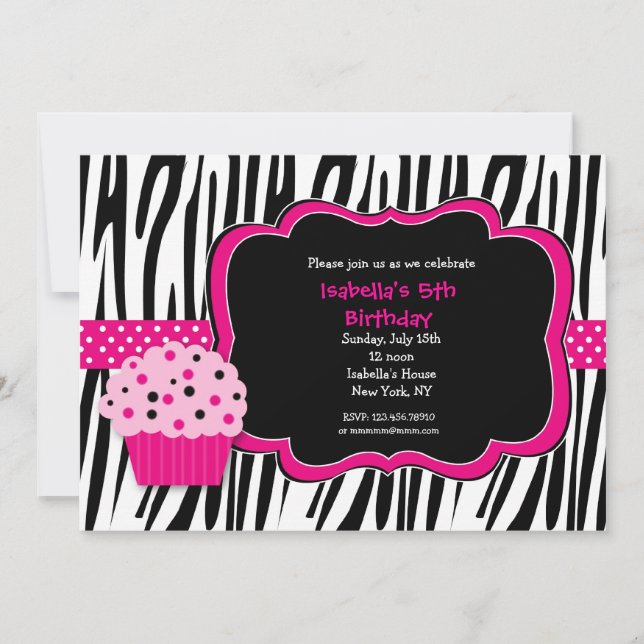Cupcake Zebra Print Birthday Party Invitations (Front)