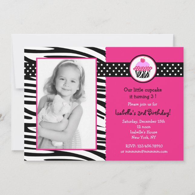Cupcake Zebra Print Photo Birthday Invitations (Front)