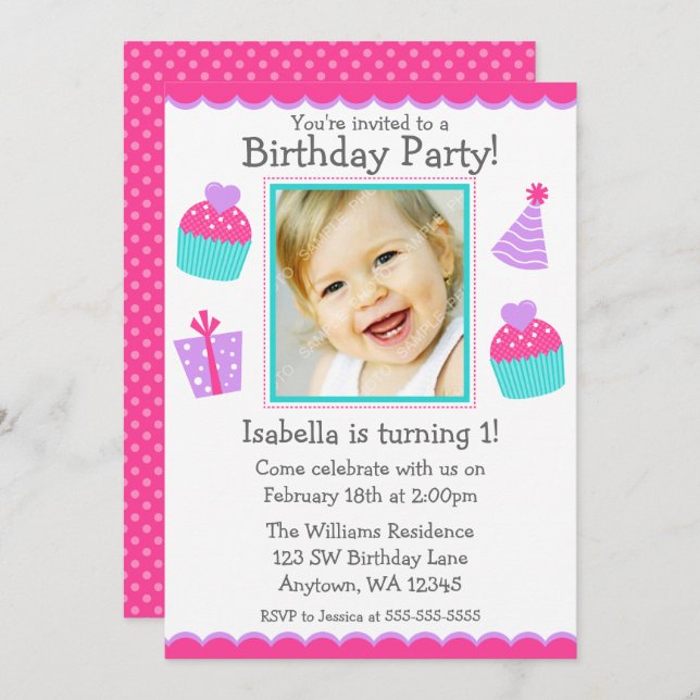 Cupcakes 1st Birthday Girl Photo Invitation (Front/Back)