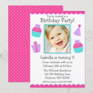 Cupcakes 1st Birthday Girl Photo Invitation