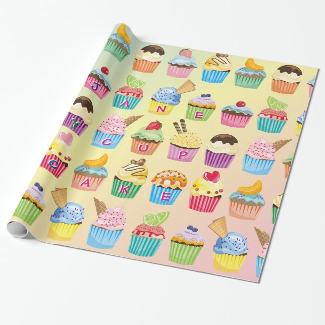Cupcakes Add Your Name Monogram Cute Muffin Treats Wrapping Paper (Unrolled)