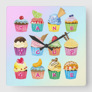 Cupcakes Add Your Name Monogram Delicious Treats Square Wall Clock