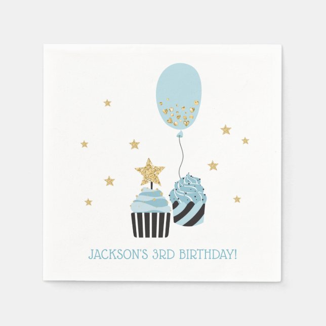 Cupcakes & Balloon | Faux Glitter Boy's Birthday Napkin (Front)