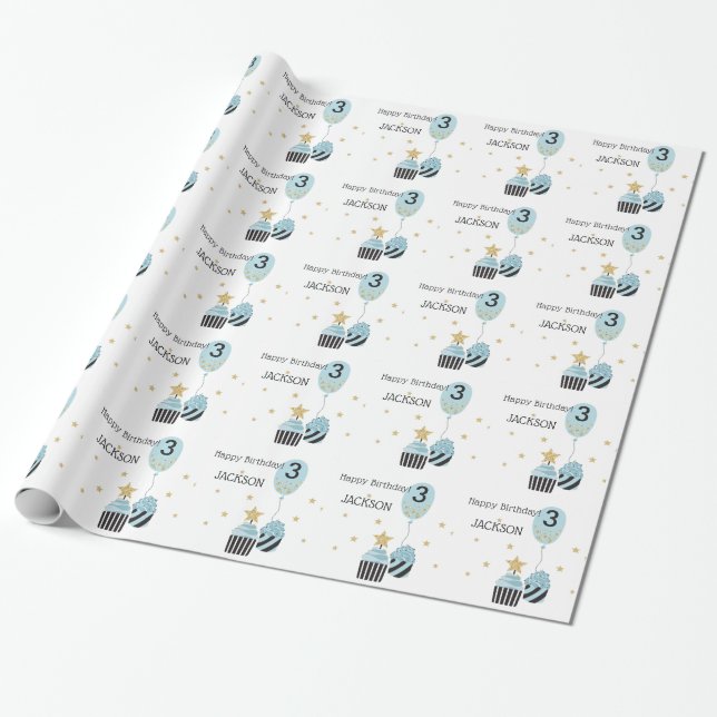 Cupcakes & Balloon | Faux Glitter Boy's Birthday Wrapping Paper (Unrolled)