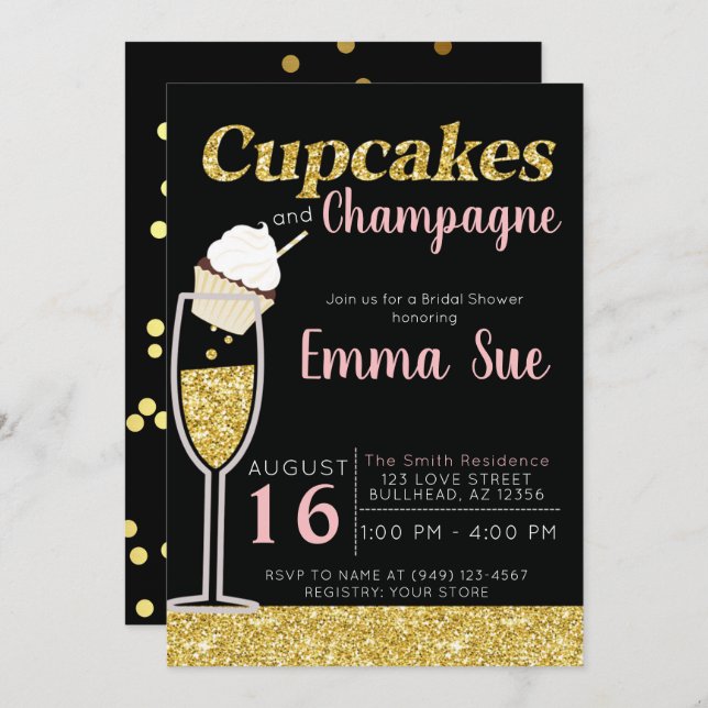 Cupcakes & Champagne Black & Gold Bridal shower  Invitation (Front/Back)