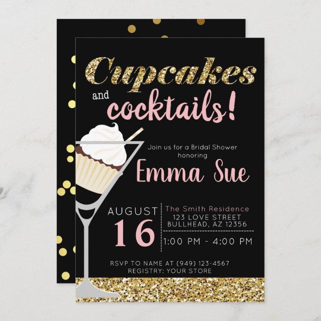 Cupcakes & Cocktails Black & Gold Bridal shower Invitation (Front/Back)