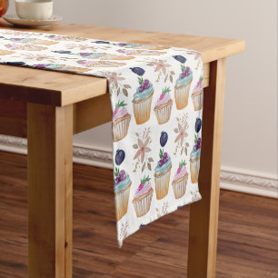 CupCakes Fruits And Happiness Watercolor  Long Table Runner