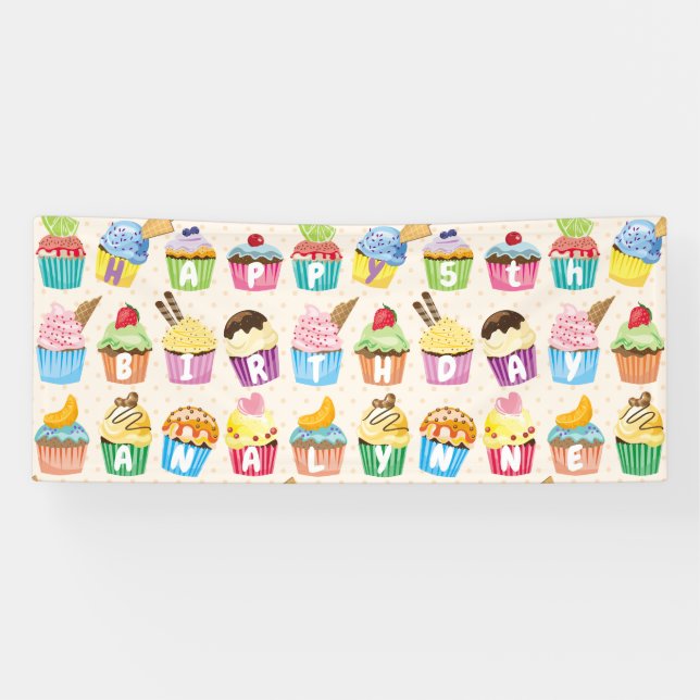 Cupcakes Happy Birthday Add Your Name Cute Goodies Banner (Horizontal)