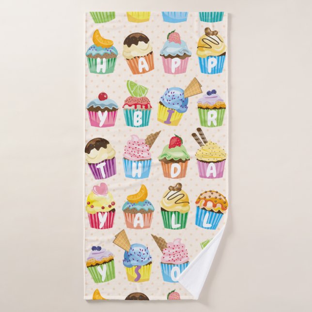 Cupcakes Happy Birthday Add Your Name Cute Goodies Bath Towel (Bath Towel)