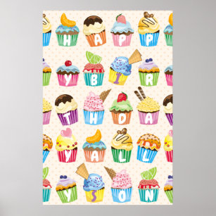 Cupcakes Happy Birthday Add Your Name Cute Goodies Poster