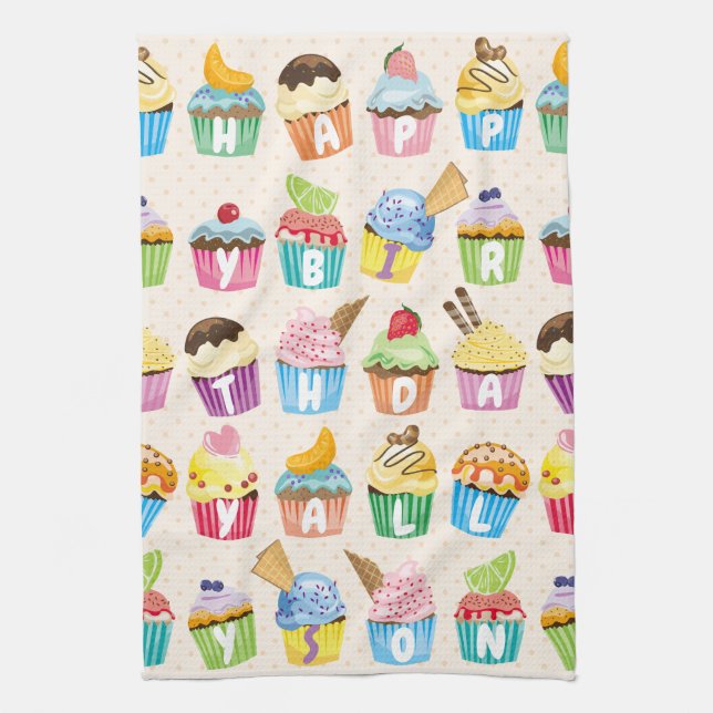 Cupcakes Happy Birthday Add Your Name Cute Goodies Tea Towel (Vertical)