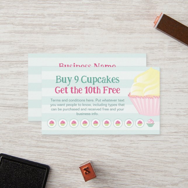 Cupcakes Loyalty Stamp or Punch Card - Buy 9 Get 1 (Front/Back In Situ)