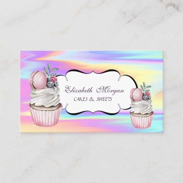  Cupcakes Macaron Bakery Colourful Holographic  Business Card (Front)