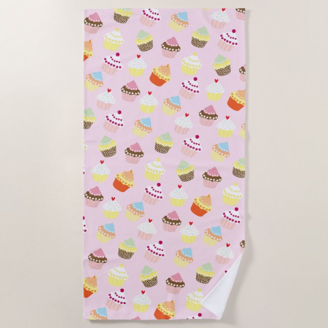 CUPCAKES PINK PATTERN BEACH TOWEL (Front)