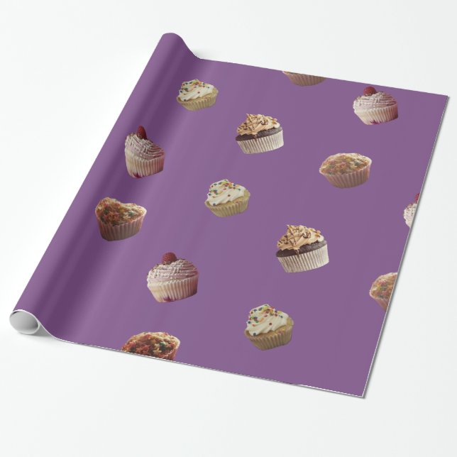 Cupcakes , Purple Glossy Wrapping Paper (Unrolled)