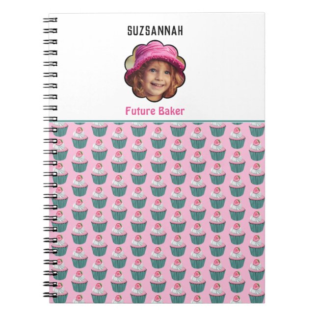 Cupcakes Scalloped Custom Photo Template Name Notebook (Front)