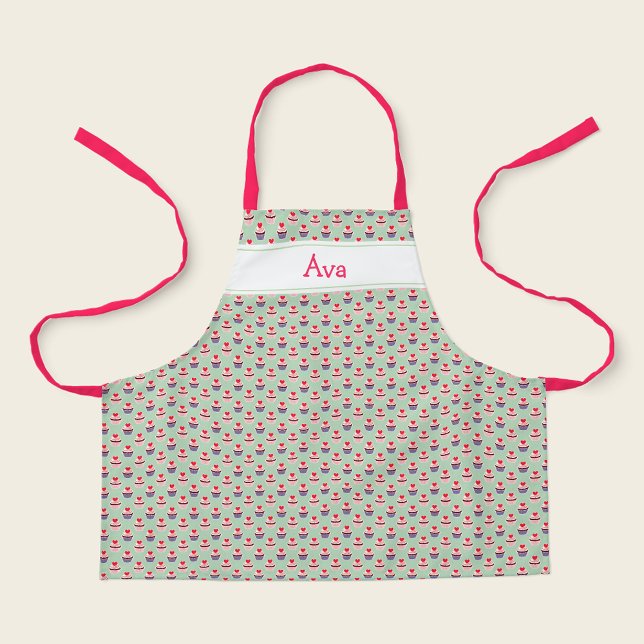 Cupcakes with Hearts Print Personalised Children's Apron (Personalized cupcake kids apron with custom name.)