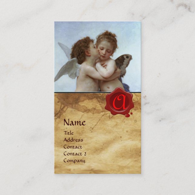 Cupid and Psyche as Children MONOGRAM Parchment Business Card (Front)
