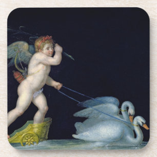 Cupid being led by a pair of swans (oil on panel) coaster