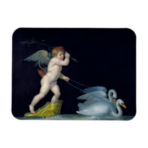 Cupid being led by a pair of swans (oil on panel) magnet
