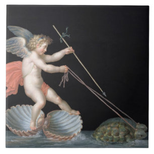 Cupid being led by Tortoises (oil on panel) Ceramic Tile
