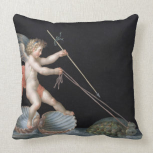 Cupid being led by Tortoises (oil on panel) Cushion