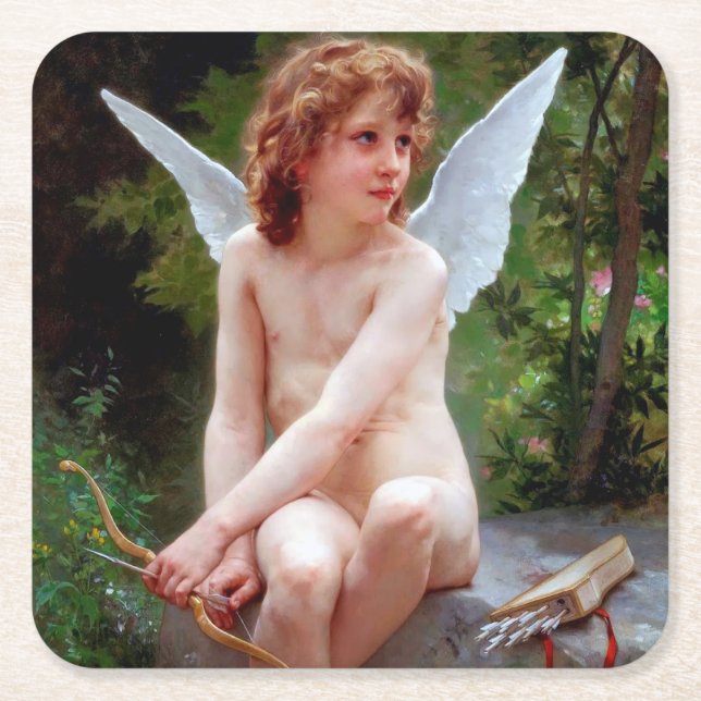 Cupid, Bouguereau Square Paper Coaster (Front)