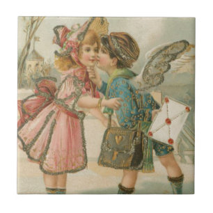 Cupid Boy and Girl in Pink Valentine Ceramic Tile
