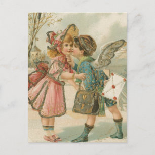 Cupid Boy and Girl in Pink Valentine Holiday Postcard