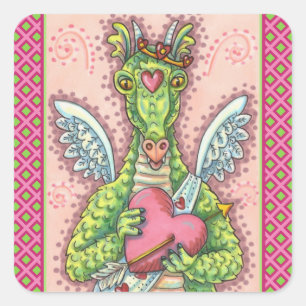 CUPID DRAGON, HEART AND ARROW FANTASY VALENTINE SQUARE STICKER