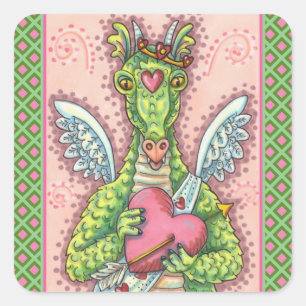 CUPID DRAGON, HEART AND ARROW FANTASY VALENTINE SQUARE STICKER
