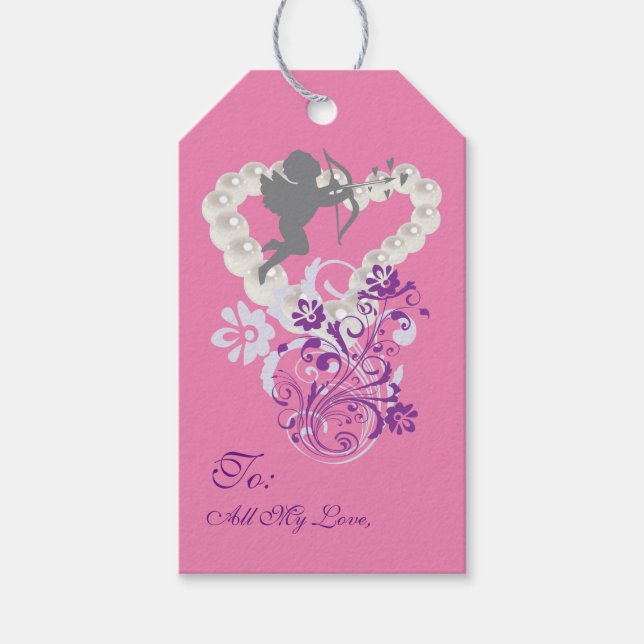 Cupid Floral Pearls Heart Pink Gift Tag (Front)