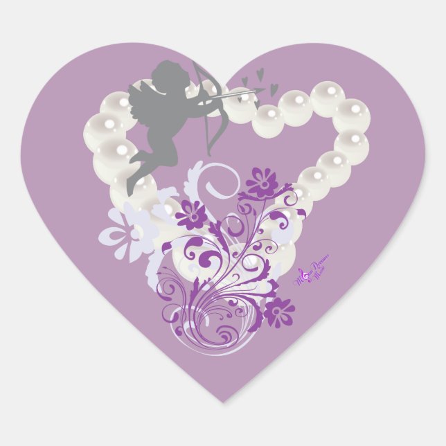Cupid Floral Pearls Heart Purple Stickers (Front)