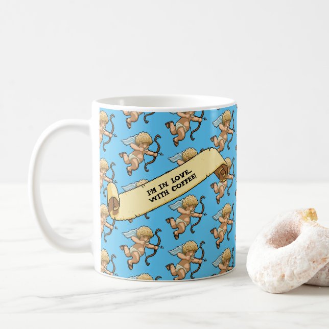 Cupid I'm In Love With Coffee! Valentine's Pattern Coffee Mug (With Donut)