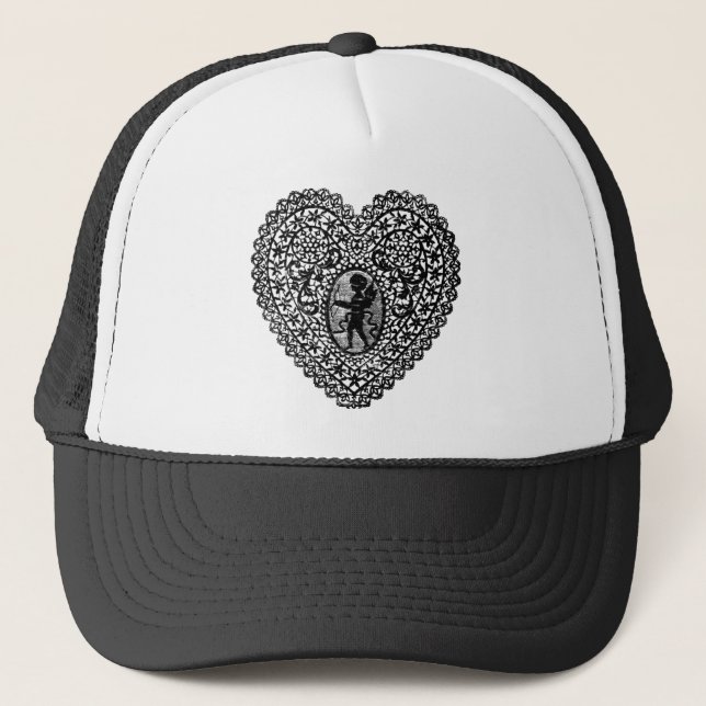 CUPID LACE HEART, Black and White Trucker Hat (Front)