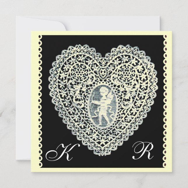 CUPID LACE HEART MONOGRAM ,gold metallic paper Announcement (Front)